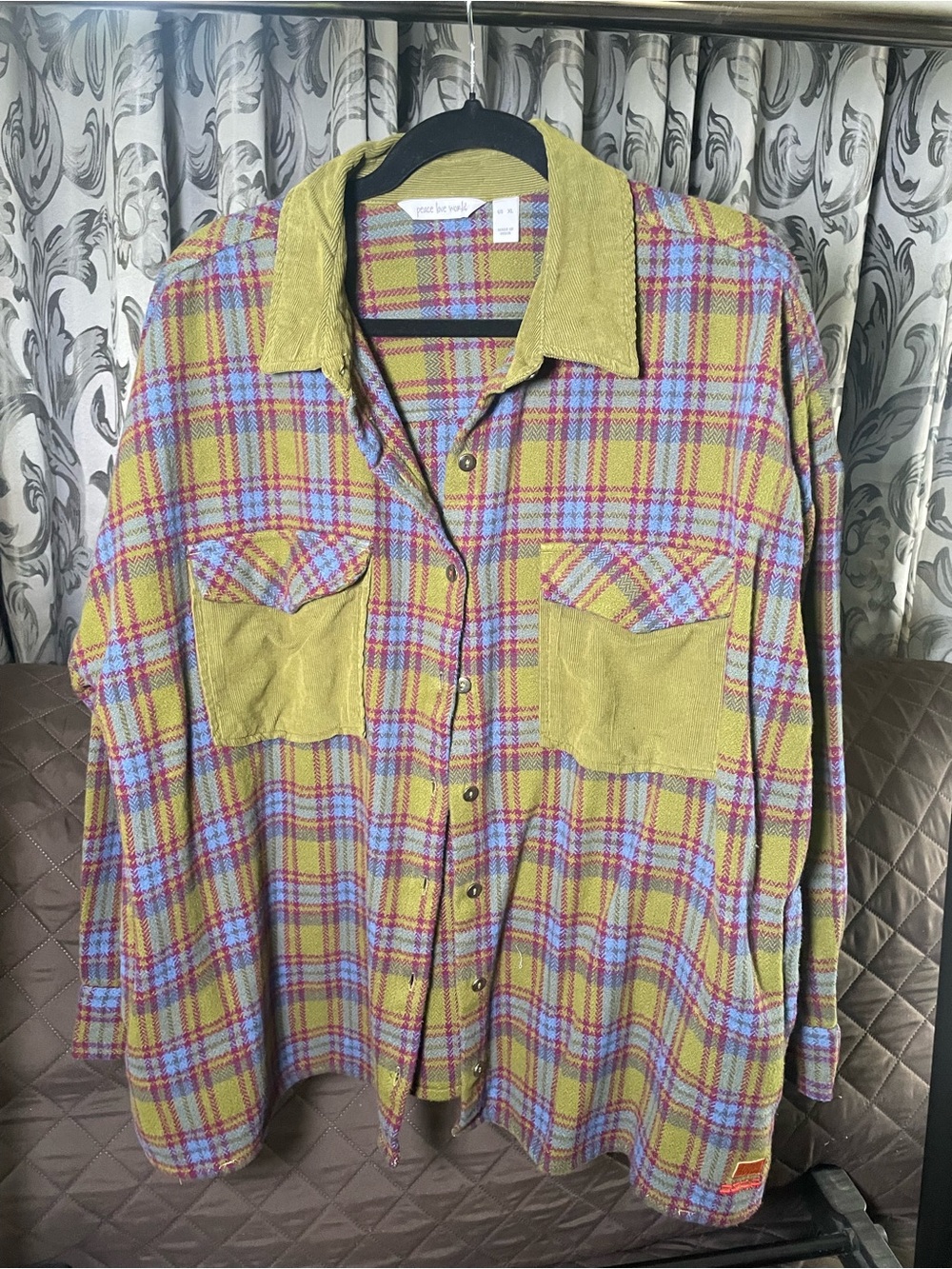 Peace Love World Plaid Button-Down Shirt Jacket- NWOT